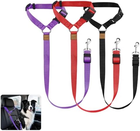 3 Pack Dog Seat Belt for Car, Car Headrest Restraint Adjustable Nylon Fabric, Dog Restraints Vehicle Seatbelts Harness (Black & Red & Purple) by Unknown