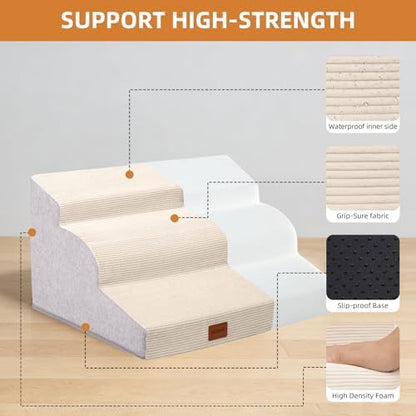 Dog Stairs for Small Dogs,15.7" H,3-Step Curved Pet Ramp for Bed Couch Sofa and Chair,Non-Slip Pet Steps for Injured & Senior Pets with Washable Cover and Durable High Density Foam,Beige - Image 4