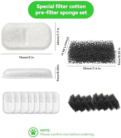 Cat Water Fountain Filter Replacement: 8 Carbon Filters & 8 Foam Sponges Kitty Spout Pump Filters for 108Oz/3.2L & 67Oz/2L Stainless Steel Pet Water Dispenser Cat Dog - Image 2