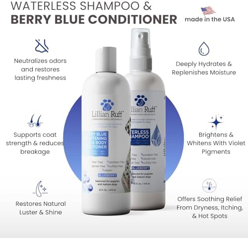 Lillian Ruff PRO Formula Blueberry Waterless Dog Shampoo & Berry Blue Brightening Conditioner - No-Rinse Odor Eliminator & Hydrating Whitening Conditioner Detangles, Restores Skin, Softness & Shine - Image 2