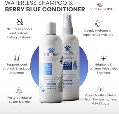 Lillian Ruff PRO Formula Blueberry Waterless Dog Shampoo & Berry Blue Brightening Conditioner - No-Rinse Odor Eliminator & Hydrating Whitening Conditioner Detangles, Restores Skin, Softness & Shine - Image 2