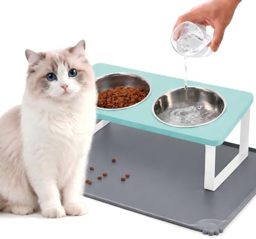 Summark Upgraded Elevated Cat Bowls with Food Mat,15°Tilted Stand Anti Vomiting Raised Cat Dishes for Food and Water,2 Stainless Steel Bowls for Cats and Puppy（Teal） by Summark