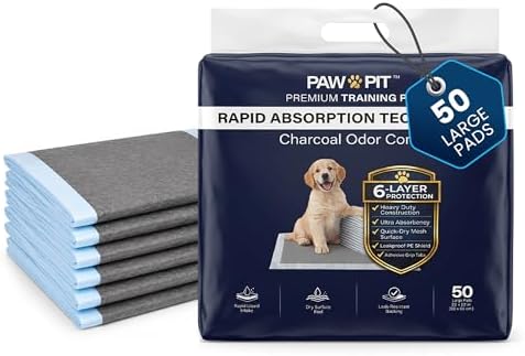 PawPit Puppy Training Pads for Dogs, 6-Layer Rapid Absorption with Activated Charcoal Odor Control, Leak-Resistant PE Backing, Quick-Dry Mesh Surface, 22 x 22 Inch, 50 Count by Unknown