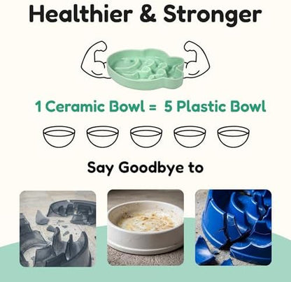 Ceramic Cat Slow Feeder Bowl - Shallow Whisker Friendly Cat Plate for Dry and Wet Food - Puzzle Feeder for Slow Eating - Helps Reduce Vomiting - Microwave & Dishwasher Safe -Non Slip(Green,6.3''W) - Image 6