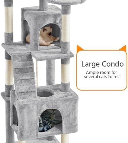 Yaheetech XL Cat Tree, 72in Multi-Level Cat Tower with 2 Cozy Caves, 3 Soft Perches, Scratching Posts, Board, and Dangling Ball, Pet Furniture Play House for Kittens/Cats, Light Gray - Image 5