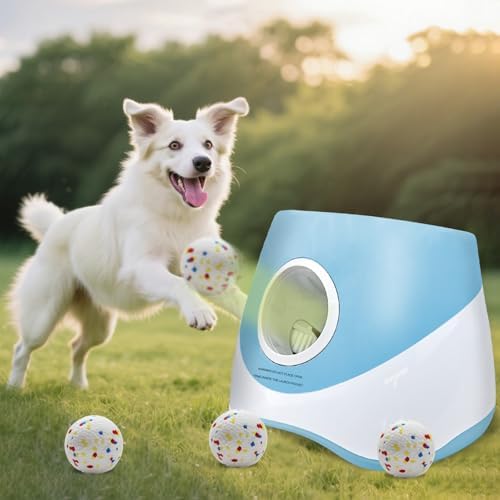 MEKAPLE Automatic Dog Ball Launcher for Small to Medium Dogs, 2.2 Inch ETPU Dog Ball Thrower, 3 Distance Adjustable 19-39 Ft Interactive Dog Toy, Mental Stimulating Puppy Toy with 4 ETPU Balls (Blue) by Unknown