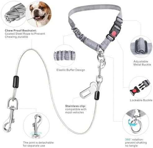 Idepet Dog Seat Belt for Car Stainless Steel 3 in 1 Dog Seatbelt Grey - Image 4