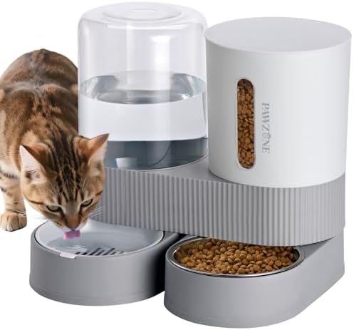 2 Pack Automatic Cat Feeder Stainless Steel Water Dispenser Gravity Food Feeder and Waterer Set with Pet Food Bowl for Small Medium Kitten Puppy Pets Large Capacity(Grey) by Pawzone