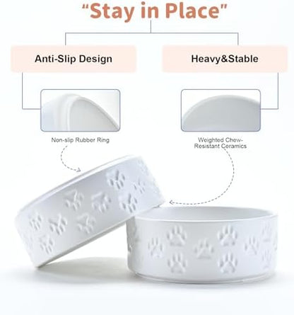 SPUNKYJUNKY Ceramic Dog and Cat Bowls 2 Pack, 5.1'' Dog and Cat Food Water Double Feeding Bowls Non-Slip for Cats and Puppy Small Sized Breed Dogs Microwave Dishwasher Safe - 13.5 OZ, 2pcs, Paw White - Image 4
