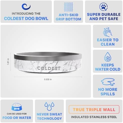 Coldest Dog Bowl - Anti Rust Metal, Non Slip, 3 Layers Insulated Stainless Steel Dog Bowls - Spill Proof & Heavy Duty - Water Bowl for Dogs, Cats & Pets, Dish Washer Safe (21 oz, Carrara Marble) - Image 5