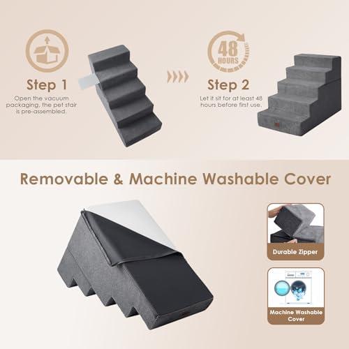 EHEYCIGA Dog Stairs for High Bed 25" H, Extra Wide Dog 5-Step, Grey - Image 7