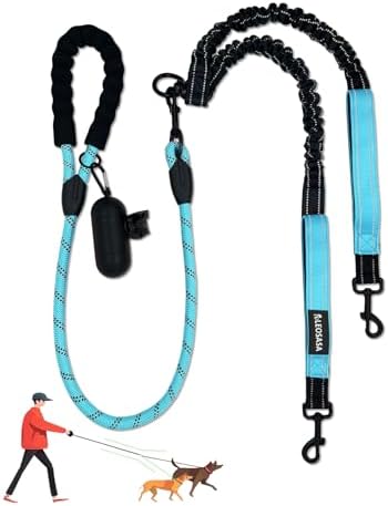 Double Dogs Leash - Removable Main Lead Rope with Splitter, No Tangle 2 Dog Coupler, Reflective No Pull Bungee, 3 Handle, D-Ring, Extra Long for Walk Train Medium Large Two Pet (Blue) by LEOSASA