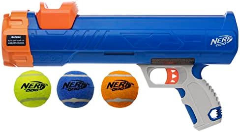 Nerf Dog Compact Tennis Ball Blaster Dog Toy, Great for Fetch, Hands-Free Reload, Launches up to 50 ft, Single Unit, Includes 3 Nerf Balls & Bag, Blue/Orange, Model: 5205 - Image 6