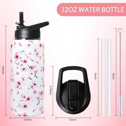 32oz Cherry Blossoms Flip Stainless Insulated Aater Water Bottle with Straw,Pink Cherry Blossoms Floral Gym Hiking Sports Coffee Mug Cup Water Bottles,Cherry Blossoms Decor Stuff Accessories - Image 2