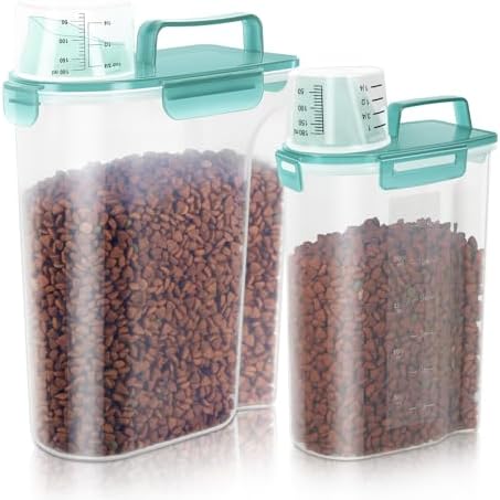 LEAWALK 2Pack Cat Dog Food Storage Container with Upgraded Large Nozzle BPA-free, 3+5lbs Plastic Pet Food Containers with 4 Sealed Clasps/1 Measuring Cup/ Handle Easy to Clean and Carry (Clear Blue) by LEAWALK