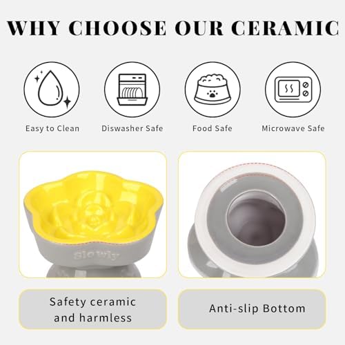 S&Q's CERAMICS Raised Slow Feeder Cat Bowl, Ceramic Elevated Food Bowl Small Dogs Slow Feeder, Flower Shaped Cute Pet Dish for Dry and Wet Food (Yellow, 5.8") - Image 4