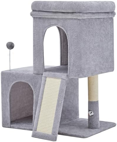 Woochpet 32inch Tall Cat Tree with 2 cat condo for Adult Cats Cozy Cat Tower with Scratching Post and Scrather Board for Cats of Different Ages.（Light Grey） by WOOCHPET