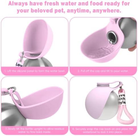 2in1 Portable Dog Water Bottle Portable,10oz Stainless Steel Leak Proof Pet Water Bottle Portable Dog Water Bottle Silicone Bowl,Outdoor Travel Water Bottle for Dogs Walking Hiking Camping, Pink - Image 5