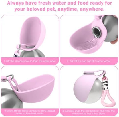 2in1 Portable Dog Water Bottle Portable,10oz Stainless Steel Leak Proof Pet Water Bottle Portable Dog Water Bottle Silicone Bowl,Outdoor Travel Water Bottle for Dogs Walking Hiking Camping, Pink - Image 5