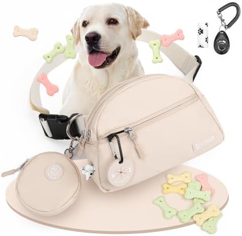 Dog Treat Pouch Pet Training Walking Fanny Pack with Built-in Poop Bag Dispenser & Waste Bag Holder | Stylish Puppy Training Essentials Supplies | Free Dog Clicker (Cream) by Unknown