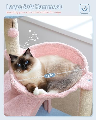 MUTTROS Flower Cat Tree with Large Metal Frame Hammock, 35" Pink Cat Tower with Sisal Scratching Posts for Small Indoor Cats, Cat Condo with Blue Top Perch for Kittens, Fluffy Ball, Pink - Image 4