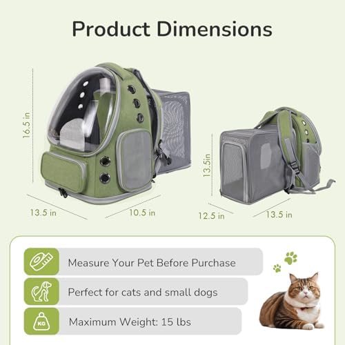 Cat Backpack Carrier for Large Cats, Expandable Cat Bubble Backpack, Dog Carriers for Small Medium Dogs, Airline Approved Pet Carrier for Travel Hiking Outdoor(Green) - Image 2