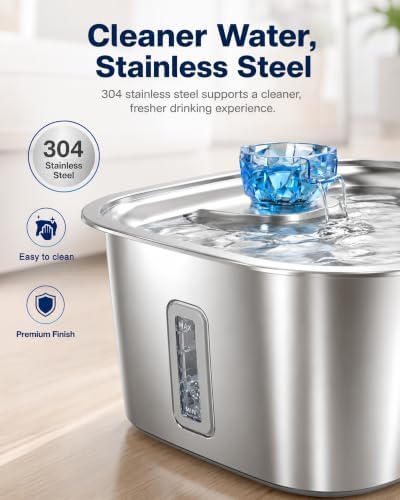 PETNF 2.4-Gallon Stainless Steel Dog Water Fountain for Large Dogs, Dog Water Bowl Dispenser with 4 Filters, Visible Water Window, Quiet Pump & LED Low-Water Indicator - Image 5
