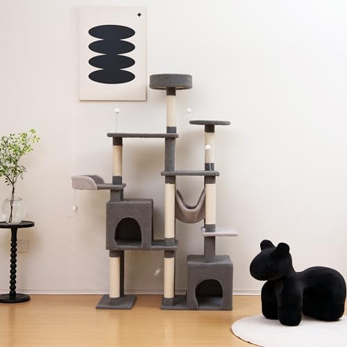 Cat Tree 67in Cat Tower Scratching Post for Cats Tree Tower Furniture for Cats Plush Multi-Level Cat Condo (Gray) - Image 2