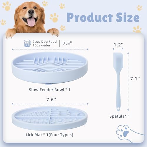 2 in 1 Slow Feeder Dog Bowls with Suction Cups,Silicone Lick Mat for Dogs,DIY Wet or Dry Food,Dishwasher Safe,Blue,Spatula+UU Bowl+Cyclone Lick Pad - Image 4