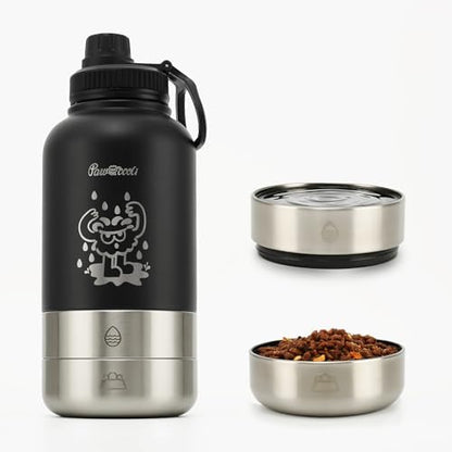 34oz Dog Water Bottle, Stainless Steel Dog Water Bottle Dispenser with Detachable Food & Water Bowls, Keeps Water Hot/Cold, for Walking, Hiking, Camping(Black) by Pawccoli