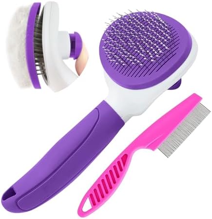 Cat Brushes for Indoor Cats, Dog Brush for Shedding with Metal Cat Comb, Self Cleaning Pet Hair Brush with Release Button for Grooming Kitten(Purple) by Unknown
