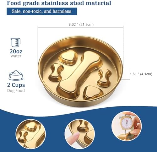 Golden Stainless Steel Slow Feeder Dog Bowls – Non-Slip Metal Dog Bowl for Large & Medium Breeds, Puppy Puzzle Feeder – 2 Cup Capacity for Small to Big Pets – Durable Slow Feed Dog & Cat Food Dish - Image 2