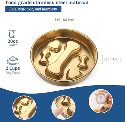 Golden Stainless Steel Slow Feeder Dog Bowls – Non-Slip Metal Dog Bowl for Large & Medium Breeds, Puppy Puzzle Feeder – 2 Cup Capacity for Small to Big Pets – Durable Slow Feed Dog & Cat Food Dish - Image 2
