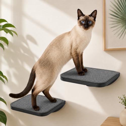 Grey Sisal-Padded Cat Wall Steps (2-Pack), Floating Wooden Cat Perch and Climbing Step Set, Wall Mounted Furniture for Jumping & Play by PELUOMOZ