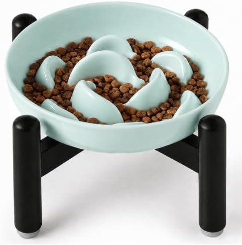 Elevated Slow Feeder Cat Bowl - Melamine Cat Food Plate with Anti-Slip Metal Stand - Raised Maze Dish for Slow Eating - Pale Blue by PTOBER
