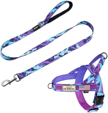 Annchwool No Pull Dog Harness with Padded Handle+5 Ft Leash,Escape Proof and Quick Fit to Adjust Dog Harness,Easy for Training Walking for Small & Medium and Large Dogs(Camo Purple Set,S) by Annchwool
