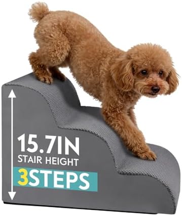 Dog Stairs for Small Dogs,15.7" H Pet Stairs 3-Steps Ramp for Puppy, Older Cat, Stairs with Whole 30D High Density Foam, Corduroy Fabric, Non-Slip Bottom Dog Steps for Bed and Couch (Grey, 3-Step) by Unknown