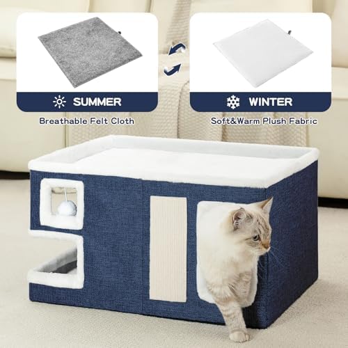 Large Cat Houses for Indoor Cats, Extra Wide Cat Cave Bed with Scratch Pad and Fluffy Ball, Foldable Cat Hideaway Condo for Large Cats, Modern Kitten Bed,23x16x13 inches (Blue, X-Large) - Image 3