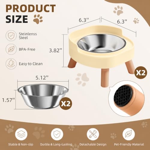 Elevated Cat Bowls, 2P Raised Cat Food and Water Bowl Set for Indoor Cats, Splash Proof with 2 Stainless Steel Pet Food Bowls for Cats ＆ Puppies, Whisker Friendly and Dishwasher Safe - Yellow - Image 6