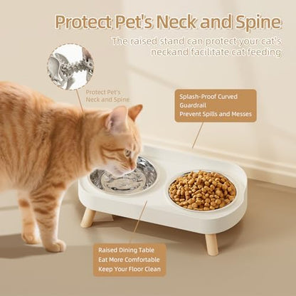 Elevated Cat Bowl, Raised Cat Food and Water Bowl Set for Indoor Cats, Splash Proof with 2 Stainless Steel Pet Food Bowls for Cats and Puppies, Whisker Fatigue and Dishwasher Safe - White - Image 3