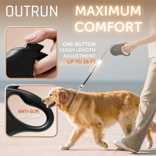 OUTRUN Retractable Dog Leash 26 FT Tape up, to 110 lb, No Tangle, Black - Image 5