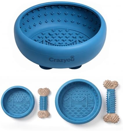 Dog Lick Bowl with Bone Chew Toy, Silicone Slow Feeder Lick Mat (Blue, L) by Crazyou