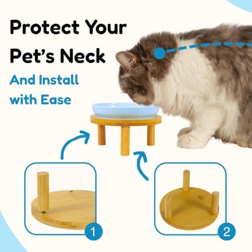 Elevated Ceramic Cat Bowls with Bamboo Stand for Cat Bowl, Whisker Friendly Shallow Cat Plate, Stable Raised Cat Food Riser for Indoor Cats (Blue, Set of 1) - Image 6