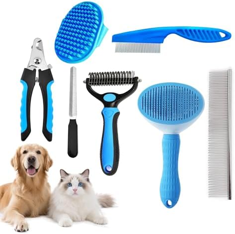 7PCS Dog Grooming Brush Kit for Shedding and Matted Fur, Self-Cleaning Slicker Brush with Undercoat Rake, Flea Comb for Long-Haired Pets, Blue by Unknown