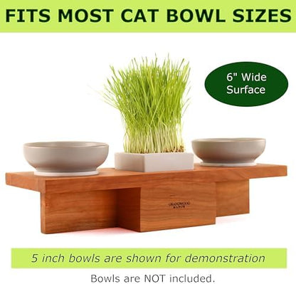 Solid Cherry Wood Raised Cat Feeding Station with Built-in Grass Planter - Image 5