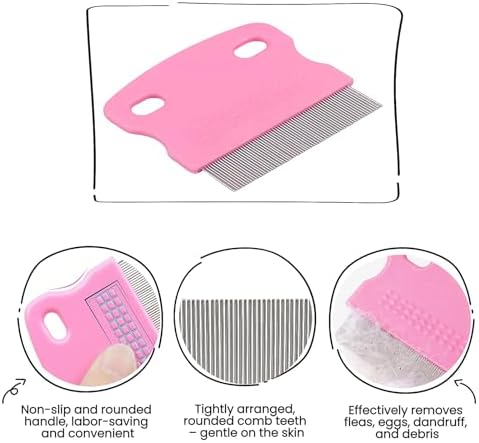 MEDUWEDU 5 Pack Flea & Lice Comb Set for Cats, Dogs & Kids – Stainless Steel Fine Tooth Nit Comb Kit with Double-Sided Tear Stain Remover, Grooming Brush & Peine para Piojos for Thick Hair (Pink) - Image 4