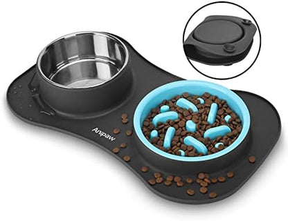 Slow Feeder Dog Bowls 3 in 1 Stainless Steel Food Water Bowl to Slow Eating by Anipaw