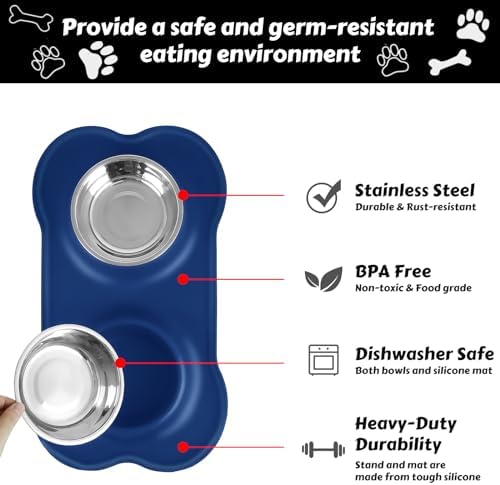 AsFrost Dog Food Bowls Stainless Steel Dog Food and Water Bowl Set, Dog Bowls No Spill Non Slip Silicone Mat, Dog Dishes for Small Medium Size Dogs Cat Puppy Pet Food Feeding Bowls, Blue, 12oz - Image 4
