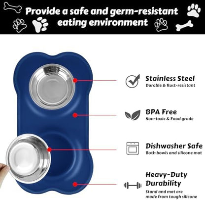 AsFrost Dog Food Bowls Stainless Steel Dog Food and Water Bowl Set, Dog Bowls No Spill Non Slip Silicone Mat, Dog Dishes for Small Medium Size Dogs Cat Puppy Pet Food Feeding Bowls, Blue, 12oz - Image 4
