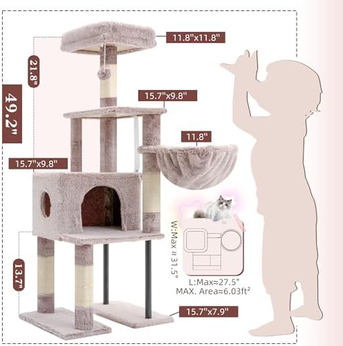 Heybly Cat Tree with Toy, 49.2 inch Cat Tower for Indoor Cats HCT200SMU - Image 3